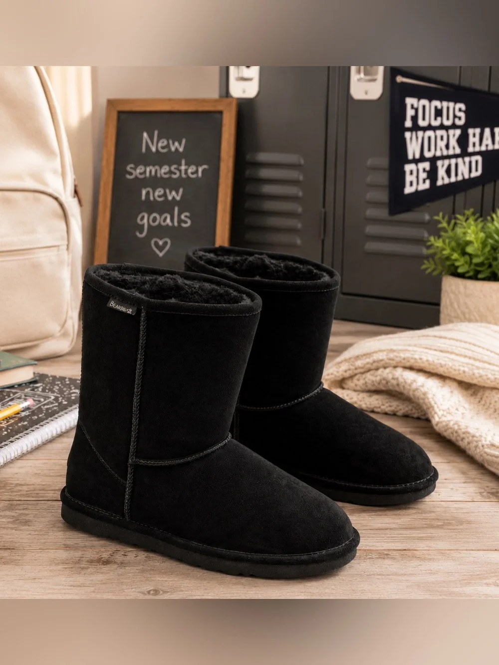 BearPaw Black Dorado II Suede Leather Sherpa Lined Boots Size 8